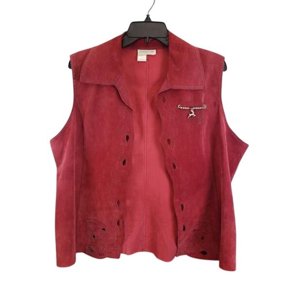 Coldwater Creek Jackets & Blazers - Vintage Coldwater Creek Red Suede Leather Western Vest with Deer Charm Pin